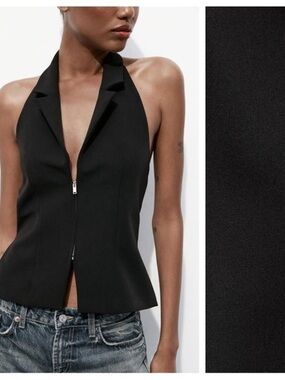 Zara Black Backless Halter-Neck Zip-Front